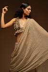 Shop_Aditya Sikand_Beige 30% Silk Handwoven, 70% Organic Cotton V Neck Crinkled Saree With Blouse_Online_at_Aza_Fashions