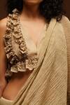 Aditya Sikand_Beige 30% Silk Handwoven, 70% Organic Cotton V Neck Crinkled Saree With Blouse_at_Aza_Fashions