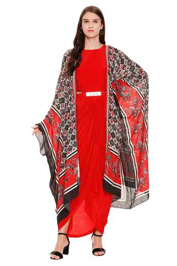Buy_Soup By Sougat Paul_Red Crepe, Muslin Slub Round Draped Dress With Cape _at_Aza_Fashions