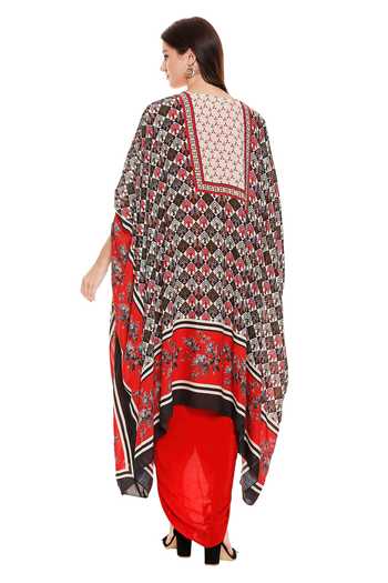 Shop_Soup By Sougat Paul_Red Crepe, Muslin Slub Round Draped Dress With Cape _at_Aza_Fashions