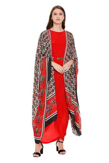 Soup By Sougat Paul_Red Crepe, Muslin Slub Round Draped Dress With Cape _Online_at_Aza_Fashions