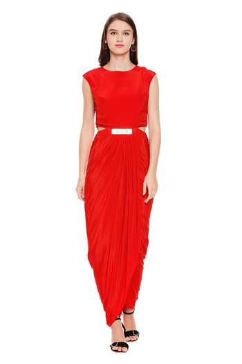 Buy_Soup By Sougat Paul_Red Crepe, Muslin Slub Round Draped Dress With Cape _Online_at_Aza_Fashions