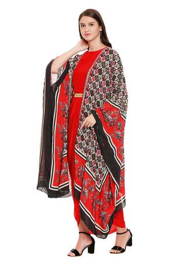 Shop_Soup By Sougat Paul_Red Crepe, Muslin Slub Round Draped Dress With Cape _Online_at_Aza_Fashions