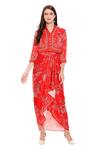 Buy Soup By Sougat Paul Red Satin V Neck Printed Draped Dress With Jacket at Aza Fashions Buy_Soup By Sougat Paul_Red Satin V Neck Printed Draped Dress With Jacket _at_Aza_Fashions