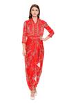 Soup By Sougat Paul Red Satin V Neck Printed Draped Dress With Jacket Online at Aza Fashions Soup By Sougat Paul_Red Satin V Neck Printed Draped Dress With Jacket _Online_at_Aza_Fashions