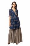 Soup By Sougat Paul_Blue Flat Chiffon, Malaysian Silk Printed Kurta And Sharara Set _Online_at_Aza_Fashions
