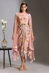Shop_Soup by Sougat Paul_Pink Crepe Round Printed Dress With Cape _Online_at_Aza_Fashions