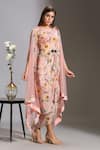 Soup by Sougat Paul_Pink Crepe Round Printed Dress With Cape _Online_at_Aza_Fashions