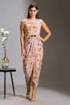 Buy_Soup by Sougat Paul_Pink Crepe Round Printed Dress With Cape _Online_at_Aza_Fashions