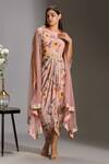 Buy_Soup by Sougat Paul_Pink Crepe Round Printed Dress With Cape _at_Aza_Fashions