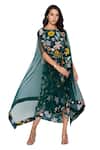 Soup By Sougat Paul_Green Net, Crepe Round Draped Dress With Cape _Online_at_Aza_Fashions