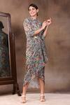 Soup By Sougat Paul_Green Sequin Band Floral Print Draped Dress _Online_at_Aza_Fashions