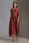 Buy_Soup by Sougat Paul_Maroon Malaysian Silk Notched Collar Printed Jumpsuit _Online_at_Aza_Fashions