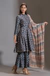 Soup by Sougat Paul_Blue Malaysian Silk Mandarin Collar Printed Anarkali Set _Online_at_Aza_Fashions