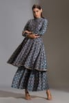 Shop_Soup by Sougat Paul_Blue Malaysian Silk Mandarin Collar Printed Anarkali Set _Online_at_Aza_Fashions