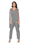 Soup By Sougat Paul_Green Twill, Sequin Fabric V Neck Printed Jumpsuit With Jacket _Online_at_Aza_Fashions