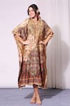 Buy_Soup by Sougat Paul_Beige Malaysian Silk Embroidery V Neck Printed Kaftan _at_Aza_Fashions