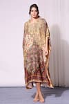 Soup by Sougat Paul_Beige Malaysian Silk Embroidery V Neck Printed Kaftan _Online_at_Aza_Fashions