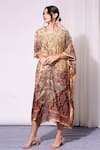 Buy_Soup by Sougat Paul_Beige Malaysian Silk Embroidery V Neck Printed Kaftan _Online_at_Aza_Fashions