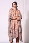 Soup By Sougat Paul_Peach Chiffon V Neck Printed Kaftan _Online_at_Aza_Fashions