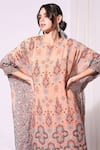 Shop_Soup By Sougat Paul_Peach Chiffon V Neck Printed Kaftan _Online_at_Aza_Fashions