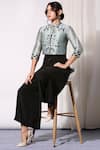 Buy_Soup by Sougat Paul_Blue Malaysian Silk Embroidery Stand Collar Cropped Jacket And Pant Set _Online_at_Aza_Fashions