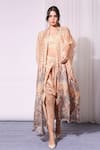 Buy_Soup by Sougat Paul_Peach Cotton Silk Embroidery Sweetheart Neck Printed Cape And Draped Pant Set _at_Aza_Fashions