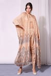 Soup by Sougat Paul_Peach Cotton Silk Embroidery Sweetheart Neck Printed Cape And Draped Pant Set _Online_at_Aza_Fashions