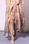 Soup by Sougat Paul_Peach Cotton Silk Embroidery Sweetheart Neck Printed Cape And Draped Pant Set _at_Aza_Fashions