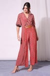 Soup By Sougat Paul Red Crepe V Neck Printed Jumpsuit Online at Aza Fashions Soup By Sougat Paul_Red Crepe V Neck Printed Jumpsuit _Online_at_Aza_Fashions