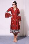 Buy_Soup by Sougat Paul_Red Linen Embroidery V Neck Floral Print Wrap Dress _at_Aza_Fashions