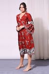 Soup by Sougat Paul_Red Linen Embroidery V Neck Floral Print Wrap Dress _Online_at_Aza_Fashions