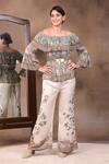 Soup by Sougat Paul_White Glitter Fabric And Satin One Shoulder Printed Top With Flared Pants _Online_at_Aza_Fashions