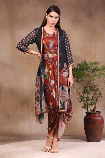 Buy_Soup By Sougat Paul_Red Organza And Satin V Neck Printed Draped Dress With Jacket _at_Aza_Fashions