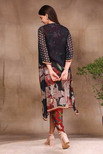 Shop_Soup By Sougat Paul_Red Organza And Satin V Neck Printed Draped Dress With Jacket _at_Aza_Fashions