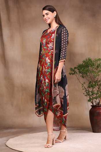 Soup By Sougat Paul_Red Organza And Satin V Neck Printed Draped Dress With Jacket _Online_at_Aza_Fashions