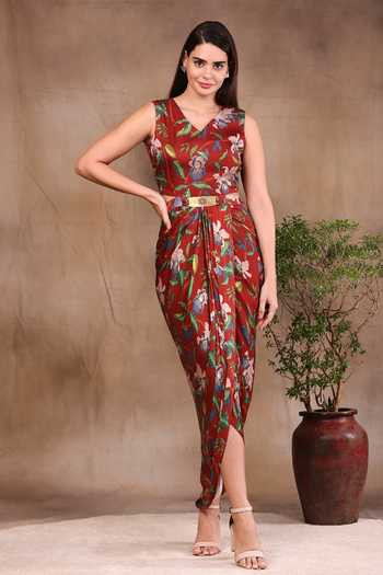 Buy_Soup By Sougat Paul_Red Organza And Satin V Neck Printed Draped Dress With Jacket _Online_at_Aza_Fashions