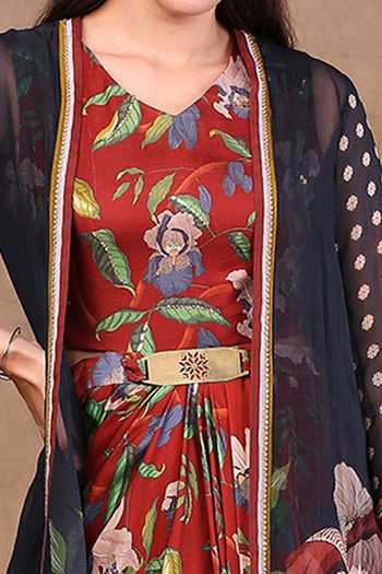 Soup By Sougat Paul_Red Organza And Satin V Neck Printed Draped Dress With Jacket _at_Aza_Fashions