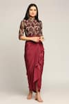 Buy_Soup by Sougat Paul_Maroon Georgette Printed Floral Motifs Mandarin Collar Draped Skirt With Jacket _at_Aza_Fashions