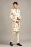 Soup by Sougat Paul_Beige Muslin Slub Printed Floral Sherwani Set _Online_at_Aza_Fashions