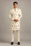 Buy_Soup by Sougat Paul_Beige Muslin Slub Printed Floral Sherwani Set _Online_at_Aza_Fashions