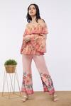 Soup By Sougat Paul_Pink Shimmer Floral Straight Off-shoulder Top And Pant Set _Online_at_Aza_Fashions