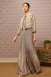 Soup By Sougat Paul Beige Crepe Sarouk Print And Sequin Jacket Collar, Jumpsuit Round With Online at Aza Fashions Soup By Sougat Paul_Beige Crepe Sarouk Print And Sequin Jacket Collar, Jumpsuit Round With _Online_at_Aza_Fashions