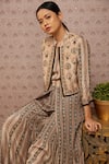 Shop Soup By Sougat Paul Beige Crepe Sarouk Print And Sequin Jacket Collar, Jumpsuit Round With Online at Aza Fashions Shop_Soup By Sougat Paul_Beige Crepe Sarouk Print And Sequin Jacket Collar, Jumpsuit Round With _Online_at_Aza_Fashions