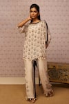 Soup by Sougat Paul_Beige Crepe And Embroidery Sarouk & Sequin Boat Tunic & Palazzo Set _Online_at_Aza_Fashions
