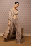 Soup by Sougat Paul_Beige Crop Top And Palazzo Crepe & Jacket Organza Print & Embroidery & Set _Online_at_Aza_Fashions