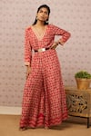 Buy_Soup By Sougat Paul_Red Satin Bandhej V Neck Print Jumpsuit _at_Aza_Fashions