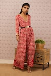 Soup By Sougat Paul_Red Satin Bandhej V Neck Print Jumpsuit _Online_at_Aza_Fashions