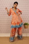 Buy_Soup by Sougat Paul_Orange Cotton Silk Printed Bandhej V Neck Kurta And Pant Set _at_Aza_Fashions