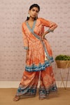 Soup by Sougat Paul_Orange Cotton Silk Printed Bandhej V Neck Kurta And Pant Set _Online_at_Aza_Fashions